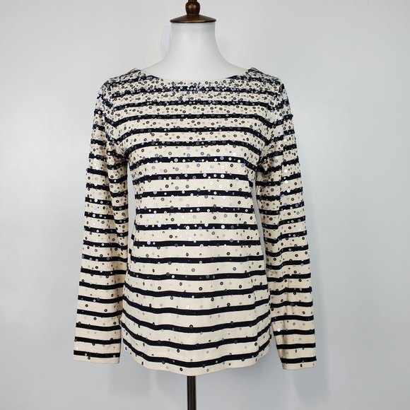 J. Crew Factory Black Tan Striped Sequin Confetti Pullover Knit Cotton Top Sz S - Picture 1 of 12